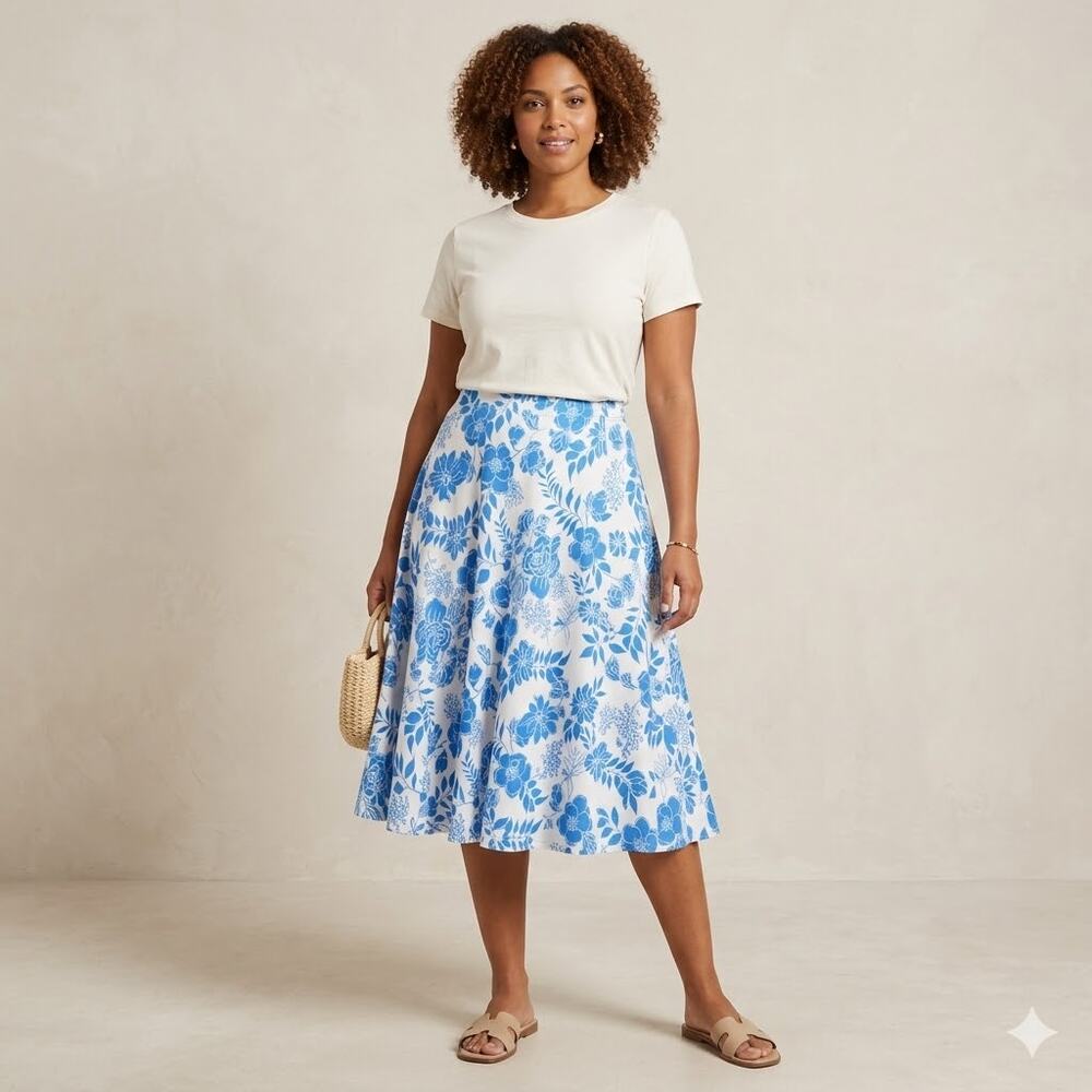 Susan Graver Blue & White Liquid Knit Full Circle Midi Skirt Women's L